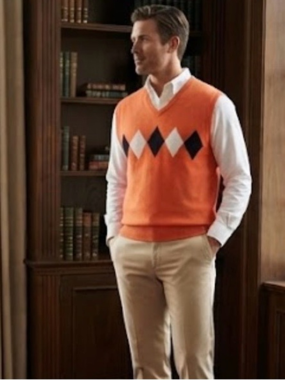 Men’s Palm Beach Golf Orange Argyle Sweater Vest 100%Cotton V-Neck Preppy Size L - Picture 2 of 7